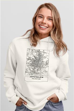 Filistin Baskılı Beyaz Unisex Kapüşonlu Sweatshirt