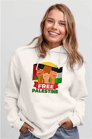 Filistin Baskılı Beyaz Unisex Kapüşonlu Sweatshirt