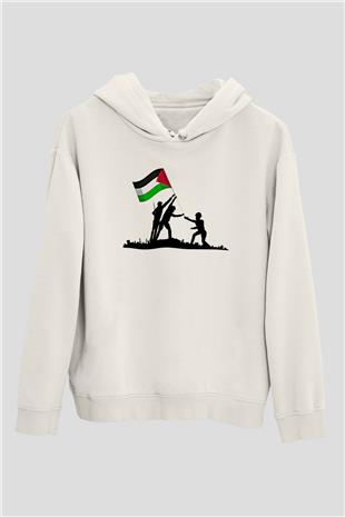 Filistin Baskılı Beyaz Unisex Kapüşonlu Sweatshirt