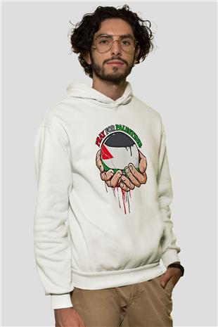 Filistin Baskılı Beyaz Unisex Kapüşonlu Sweatshirt