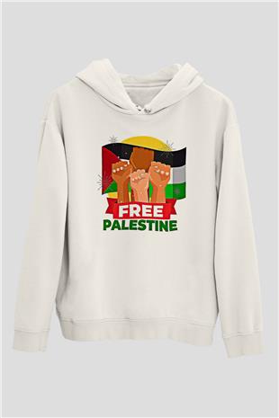 Filistin Baskılı Beyaz Unisex Kapüşonlu Sweatshirt