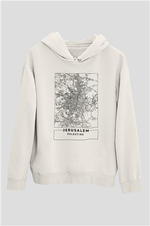 Filistin Baskılı Beyaz Unisex Kapüşonlu Sweatshirt