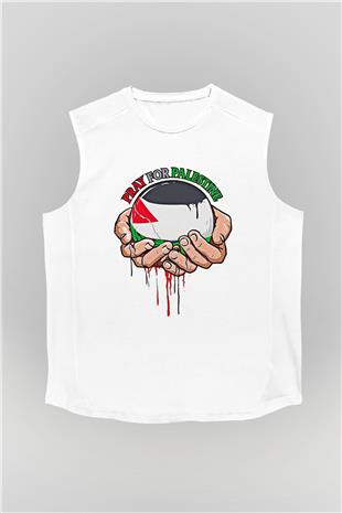 Filistin Baskılı Beyaz Unisex Kolsuz Tişört - Tshirt