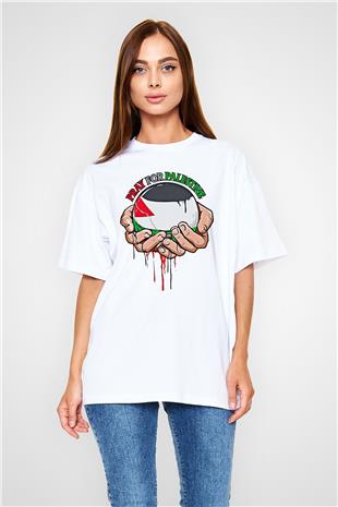 Filistin Baskılı Beyaz Unisex Oversize Tişört - Tshirt