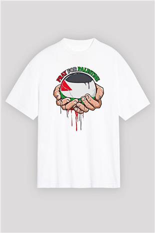 Filistin Baskılı Beyaz Unisex Oversize Tişört - Tshirt