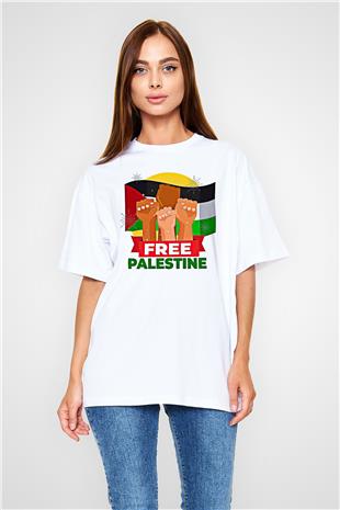 Filistin Baskılı Beyaz Unisex Oversize Tişört - Tshirt