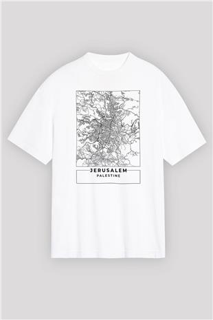 Filistin Baskılı Beyaz Unisex Oversize Tişört - Tshirt