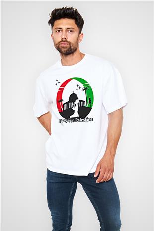Filistin Baskılı Beyaz Unisex Oversize Tişört - Tshirt