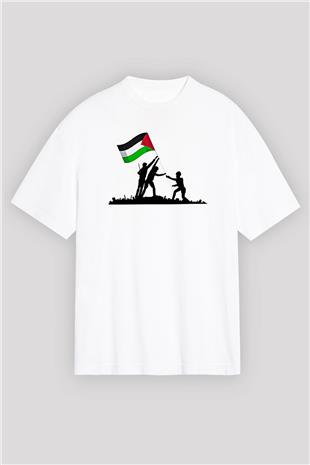 Filistin Baskılı Beyaz Unisex Oversize Tişört - Tshirt