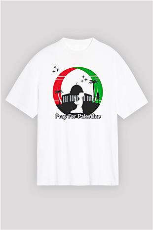 Filistin Baskılı Beyaz Unisex Oversize Tişört - Tshirt