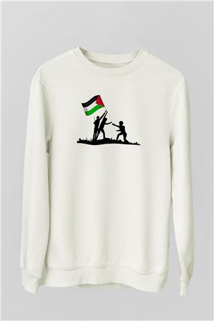 Filistin Baskılı Beyaz Unisex Sweatshirt