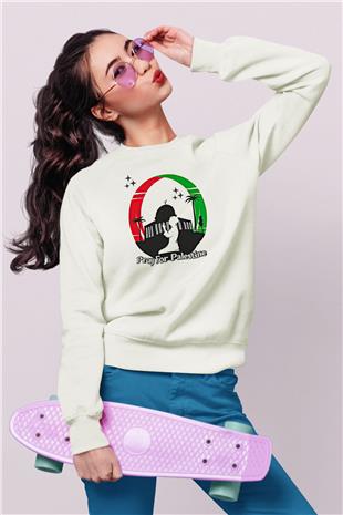 Filistin Baskılı Beyaz Unisex Sweatshirt
