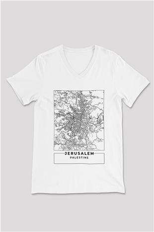 Filistin Baskılı Beyaz Unisex V Yaka Tişört - Tshirt