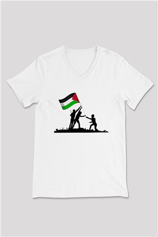 Filistin Baskılı Beyaz Unisex V Yaka Tişört - Tshirt