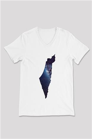 Filistin Baskılı Beyaz Unisex V Yaka Tişört - Tshirt