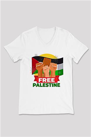 Filistin Baskılı Beyaz Unisex V Yaka Tişört - Tshirt