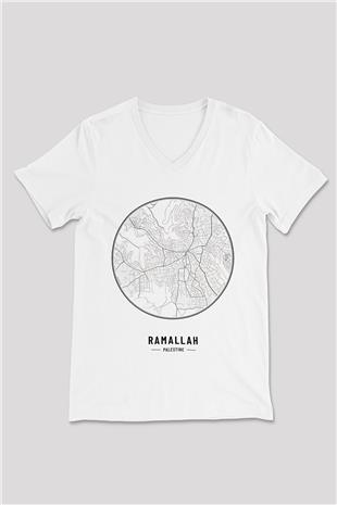 Filistin Baskılı Beyaz Unisex V Yaka Tişört - Tshirt