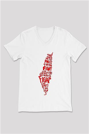 Filistin Baskılı Beyaz Unisex V Yaka Tişört - Tshirt