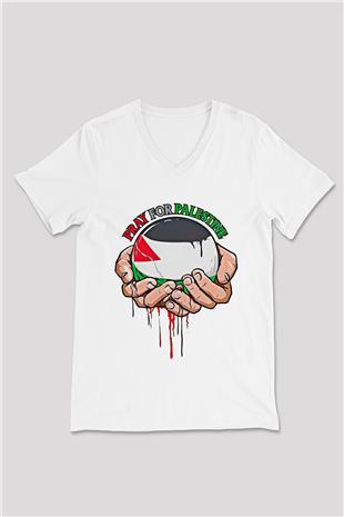 Filistin Baskılı Beyaz Unisex V Yaka Tişört - Tshirt
