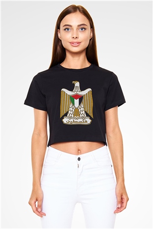Filistin Baskılı Siyah Crop Top Kadın Tişört - Tshirt