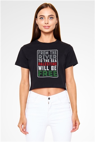 Filistin Baskılı Siyah Crop Top Kadın Tişört - Tshirt