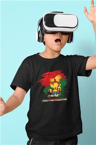 Filistin Baskılı Unisex Siyah Çocuk Tişört - Tshirt