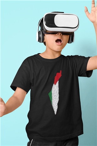 Filistin Baskılı Unisex Siyah Çocuk Tişört - Tshirt