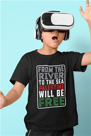 Filistin Baskılı Unisex Siyah Çocuk Tişört - Tshirt
