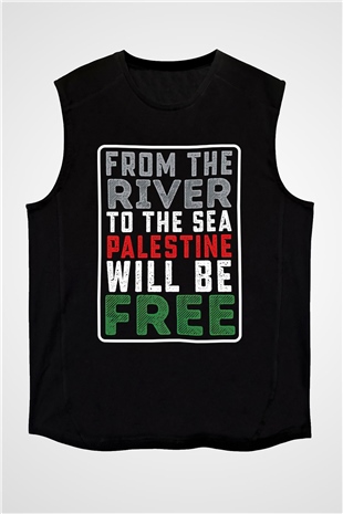 Filistin Baskılı Unisex Siyah Kolsuz Tişört - Tshirt