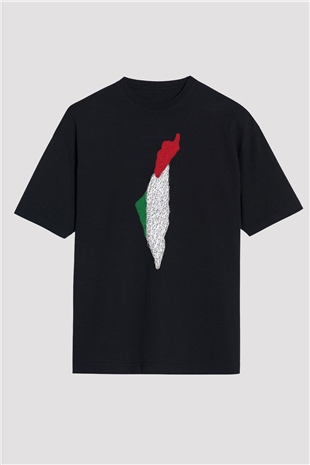Filistin Baskılı Unisex Siyah Oversize Tişört - Tshirt