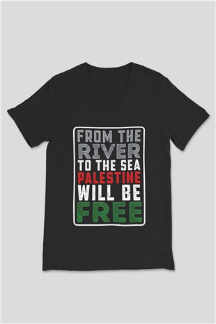 Filistin Baskılı Unisex Siyah V Yaka Tişört - Tshirt