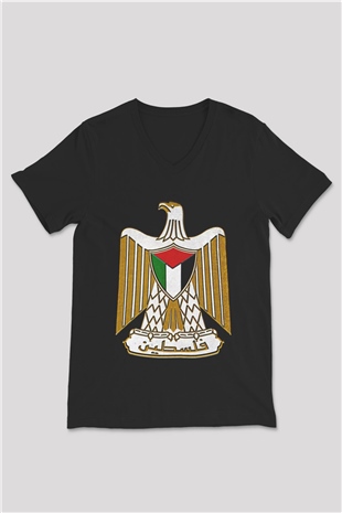 Filistin Baskılı Unisex Siyah V Yaka Tişört - Tshirt