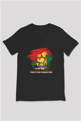 Filistin Baskılı Unisex Siyah V Yaka Tişört - Tshirt
