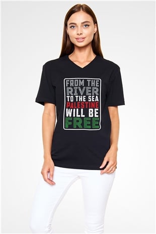 Filistin Baskılı Unisex Siyah V Yaka Tişört - Tshirt