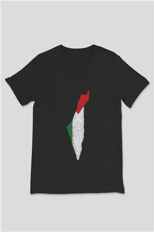 Filistin Baskılı Unisex Siyah V Yaka Tişört - Tshirt