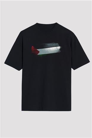 Filistin - Palestine Bayrağı Baskılı Unisex Siyah Oversize Tişört