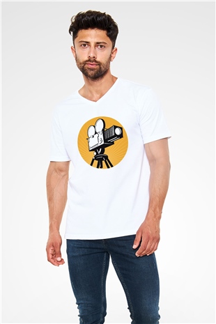 Film yönetmeni Beyaz Unisex V Yaka Tişört T-Shirt
