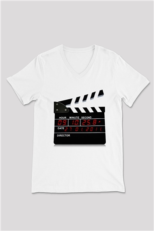 Film yönetmeni Beyaz Unisex V Yaka Tişört T-Shirt
