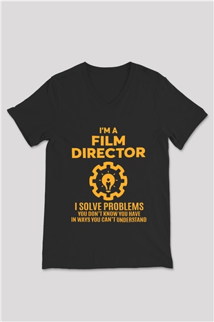 Film yönetmeni Siyah Unisex V Yaka Tişört