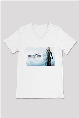 Final Fantasy Beyaz Unisex V Yaka Tişört