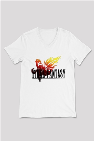 Final Fantasy Beyaz Unisex V Yaka Tişört T-Shirt