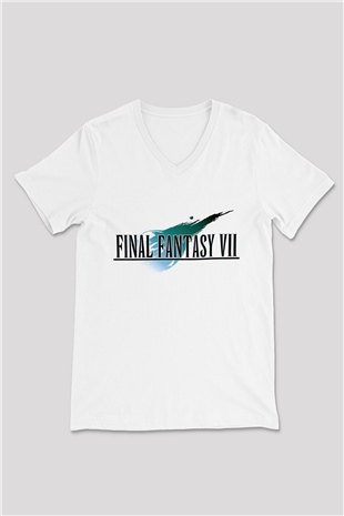 Final Fantasy Beyaz Unisex V Yaka Tişört