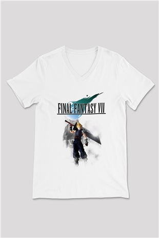Final Fantasy Beyaz Unisex V Yaka Tişört