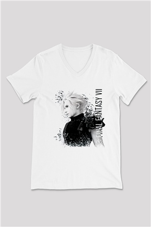 Final Fantasy Beyaz Unisex V Yaka Tişört
