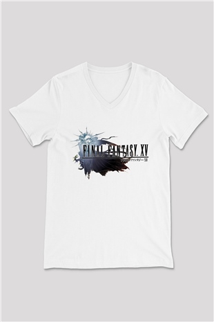 Final Fantasy Beyaz Unisex V Yaka Tişört T-Shirt