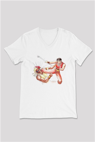 Final Fight Beyaz Unisex V Yaka Tişört