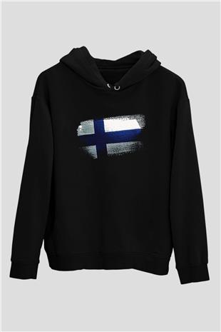 Finlandiya - Finland Bayrağı Baskılı Unisex Siyah Hoodie