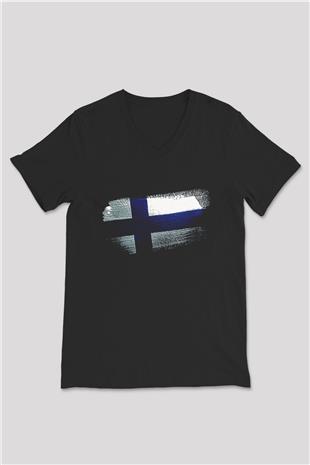 Finlandiya - Finland Bayrağı Baskılı Unisex Siyah V Yaka Tişört