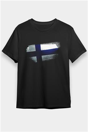 Finlandiya - Finland Bayrağı Baskılı Unisex Siyah Tişört