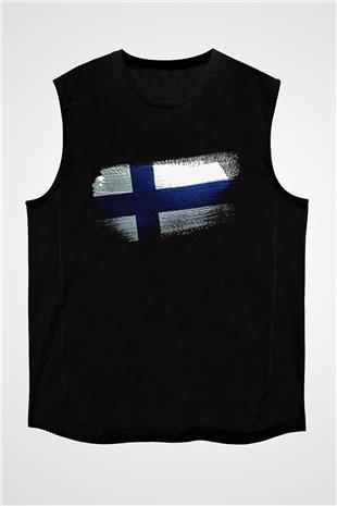 Finlandiya - Finland Bayrağı Baskılı Unisex Siyah Kolsuz Tişört
